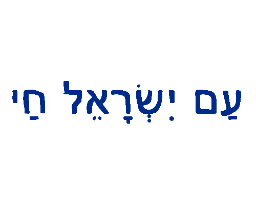 Am Yisrael Chari written in Hebrew. The text is blue and reads עַם יִשְׂרָאֵל חַי 
